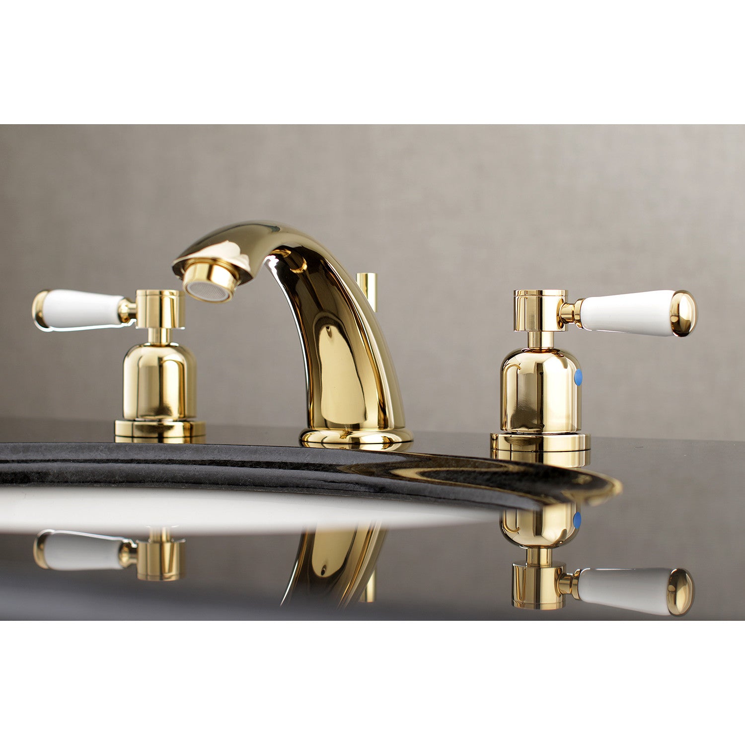 Kingston Tulare KB8962DPL - Paris Two-Handle 3-Hole Deck Mount Widespread Bathroom Faucet with Pop-Up Drain, Polished Brass — thumbnail 2